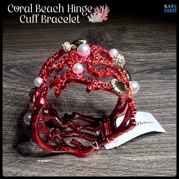 NWT Betsey Johnson Coral Hinge Bracelet Red Pearl Seashell Crystal Beach Sea - Picture 5 of 12